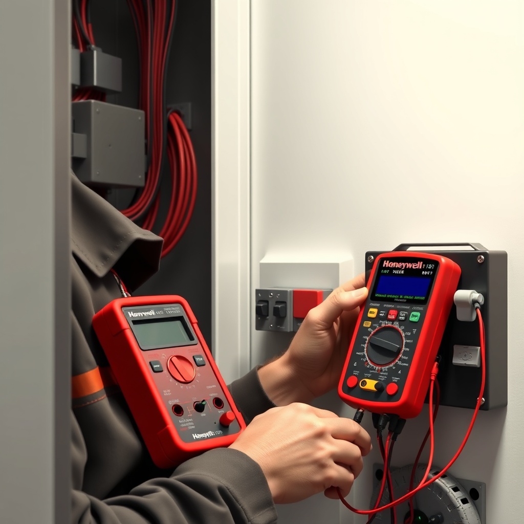 <clean photorealistic photo/illustration of a technician using a multimeter to test a Hone