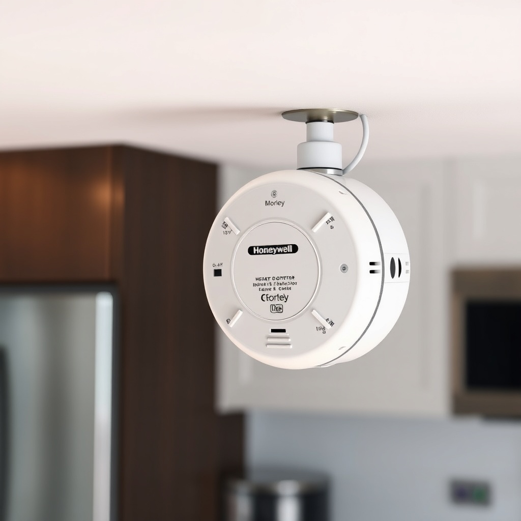 <clean photorealistic photo/illustration of a Honeywell Morley IAS heat detector mounted o