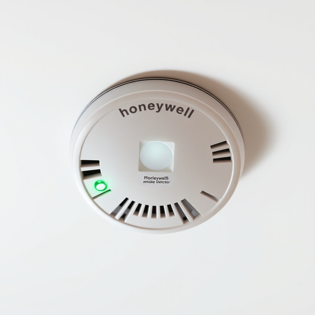 A clean photorealistic photo of a Honeywell Morley IAS optical smoke detector mounted on a