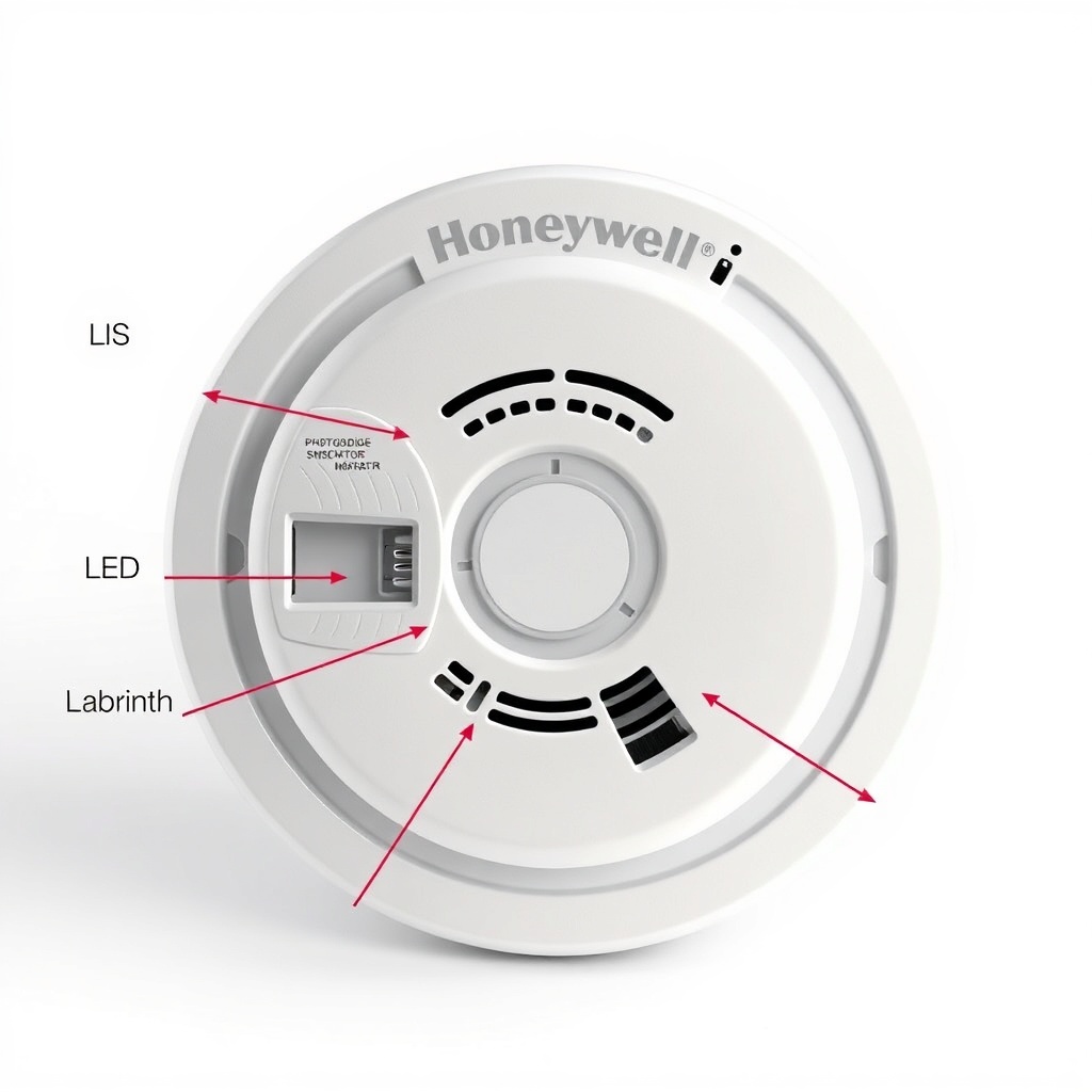 A photorealistic illustration of a Honeywell Morley IAS optical smoke detector with its ma