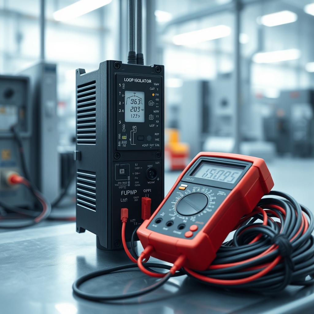 A photorealistic photo of a loop isolator module being tested with a multimeter in an indu