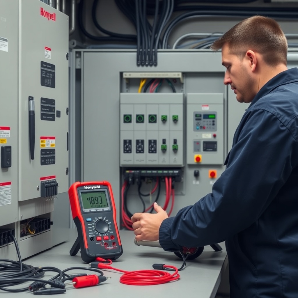 A clean photorealistic photo of a technician checking Honeywell Morley IAS control panel c