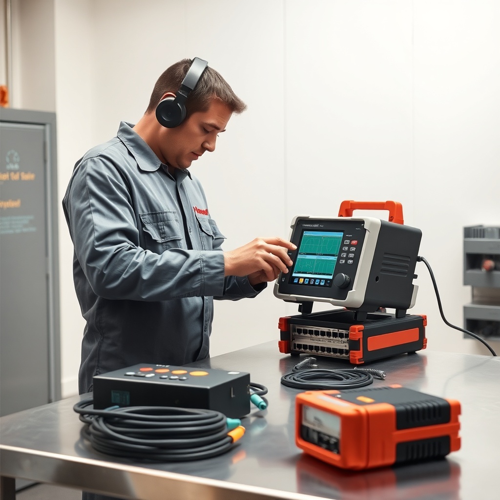 A clean photorealistic photo of a technician using a digital analyzer to inspect Honeywell
