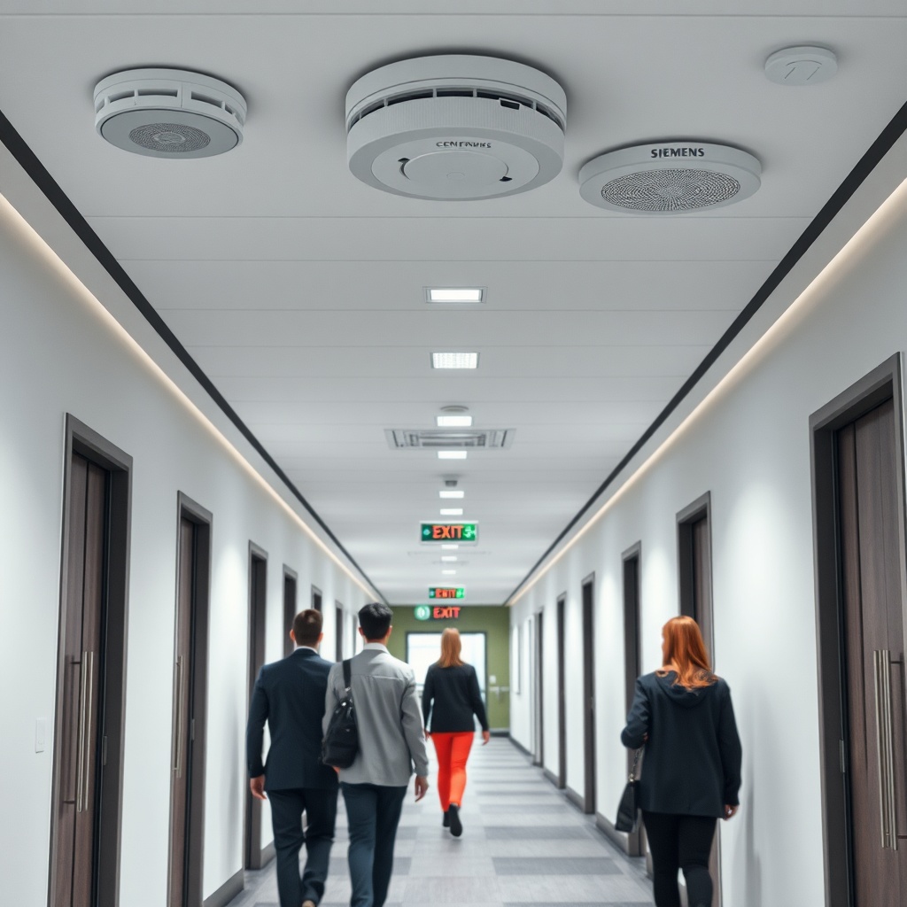 <A photorealistic photo of a modern office building corridor with Siemens Cerberus FIT smo