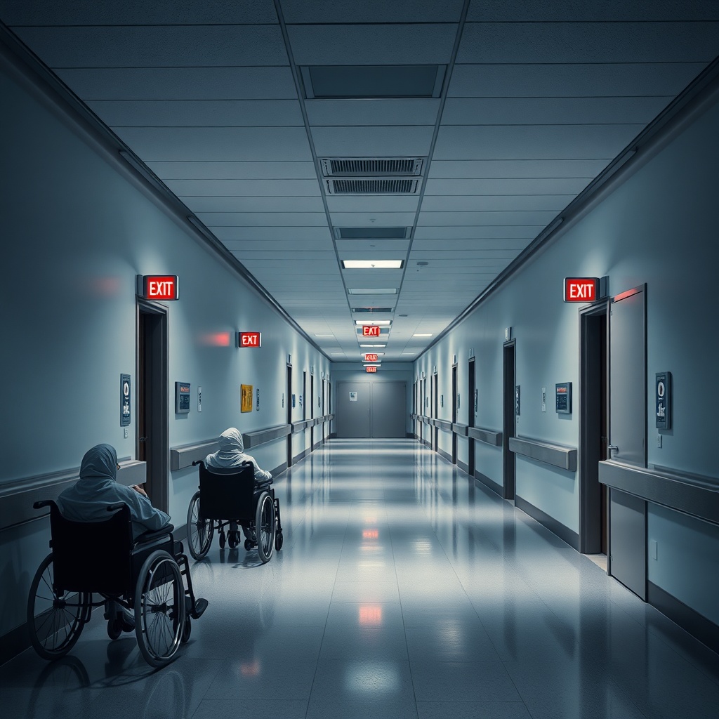 <A photorealistic night-time shot of a hospital corridor with Siemens Cerberus FIT emergen