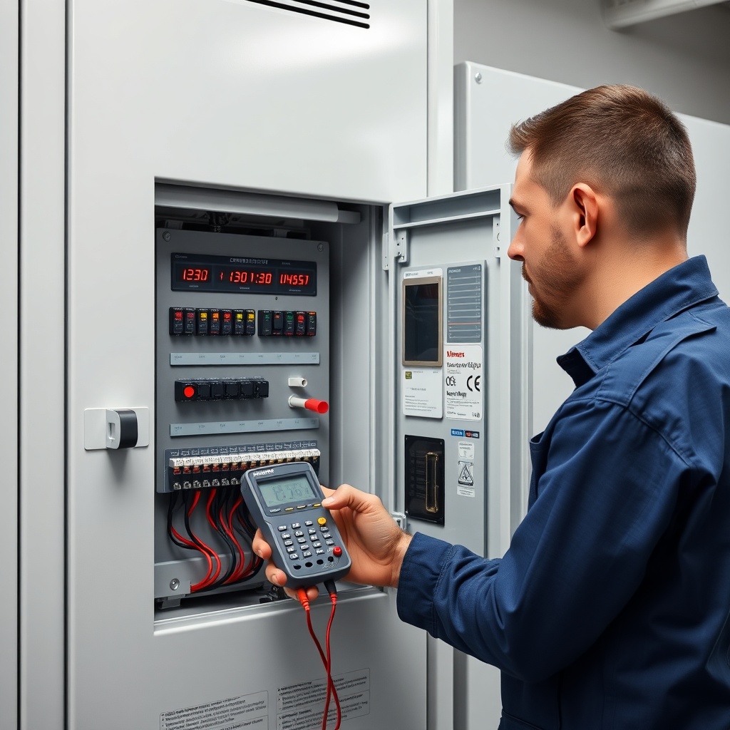 A clean photorealistic photo of a technician inspecting a Siemens Cerberus FIT control pan