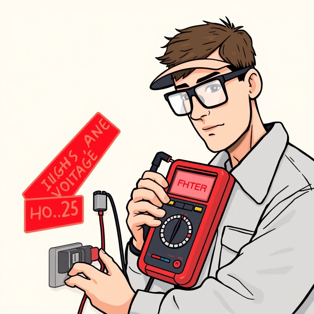 A simple illustration showing a technician in safety glasses using a multimeter to test a