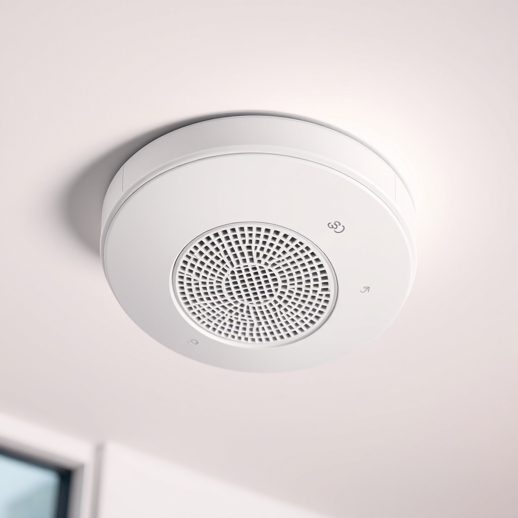 A photorealistic close-up of a Siemens Cerberus FIT heat detector mounted on a white ceili