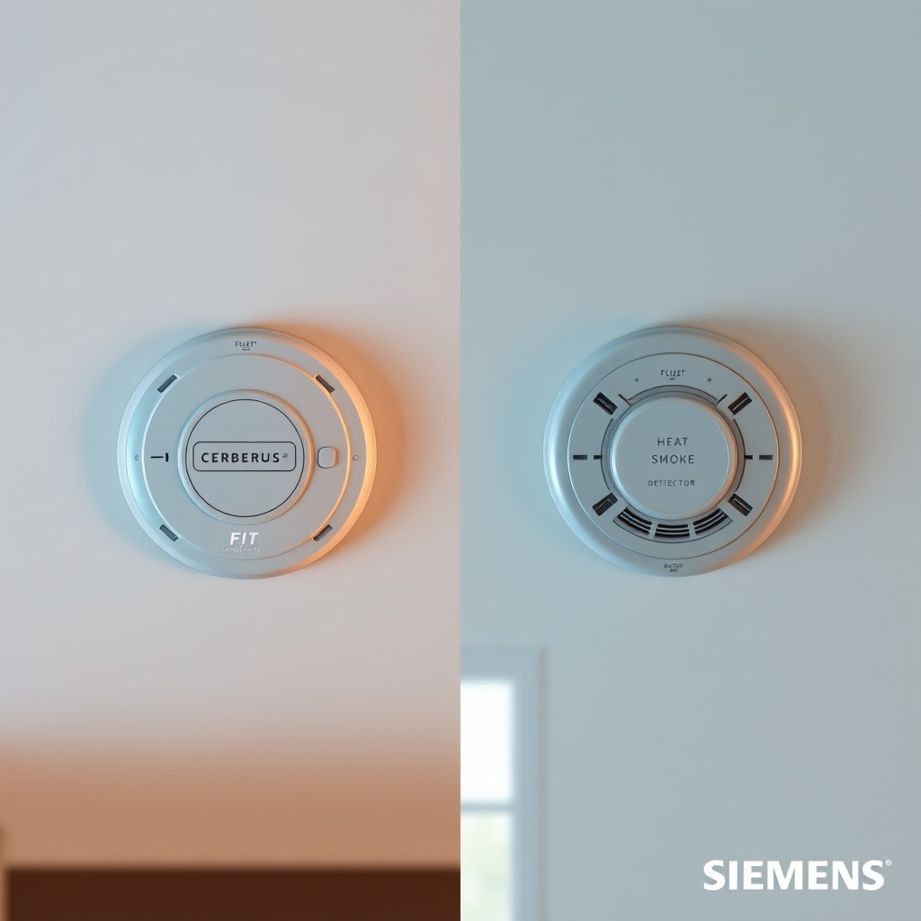 A photorealistic side-by-side comparison of a Siemens Cerberus FIT heat detector and a Sie