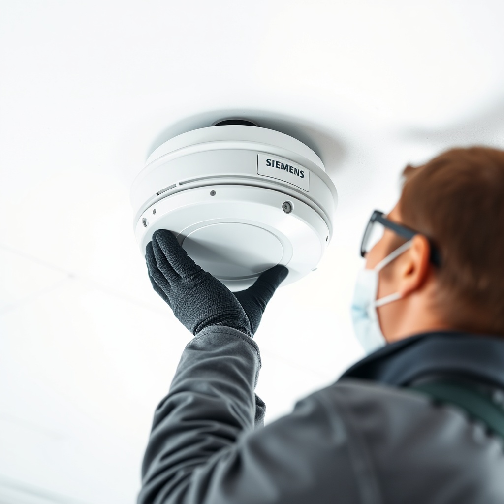 A clean photorealistic photo of a technician mounting a Siemens Cerberus FIT detector on a