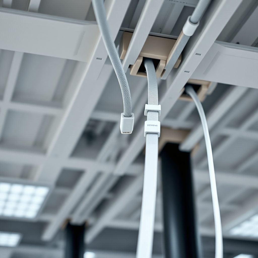 A clean photorealistic photo of a Siemens Cerberus FIT loop cable installation in a commer