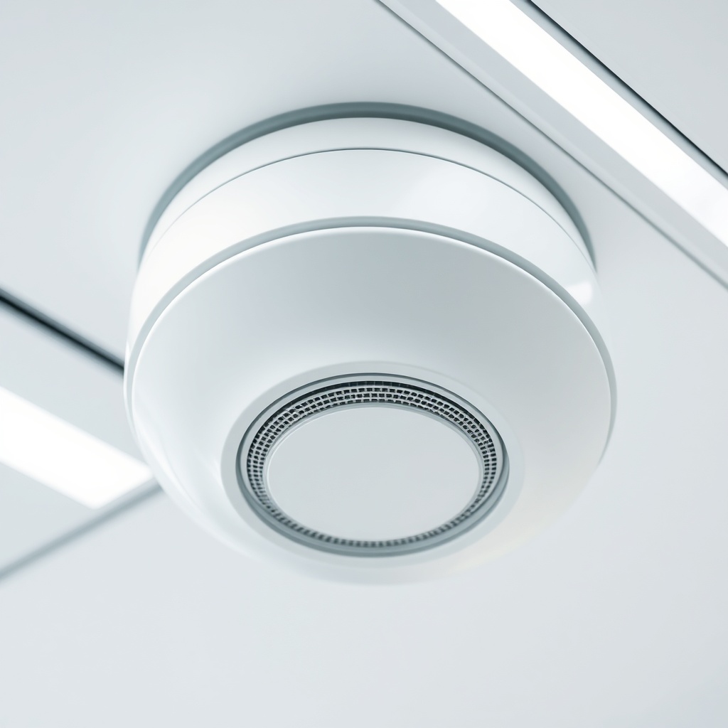 Close-up of a Siemens Cerberus FIT detector unit mounted on a ceiling