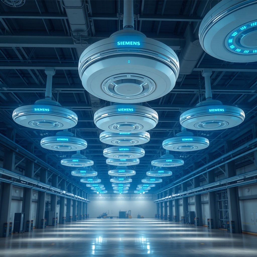 Photorealistic illustration of a large industrial hall with multiple Siemens Cerberus FIT