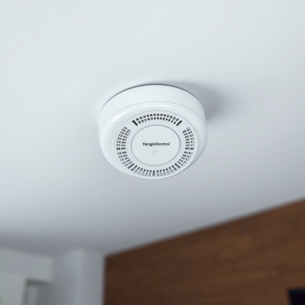 Clean photorealistic photo showing a YangınKontrol smart smoke detector mounted on a white