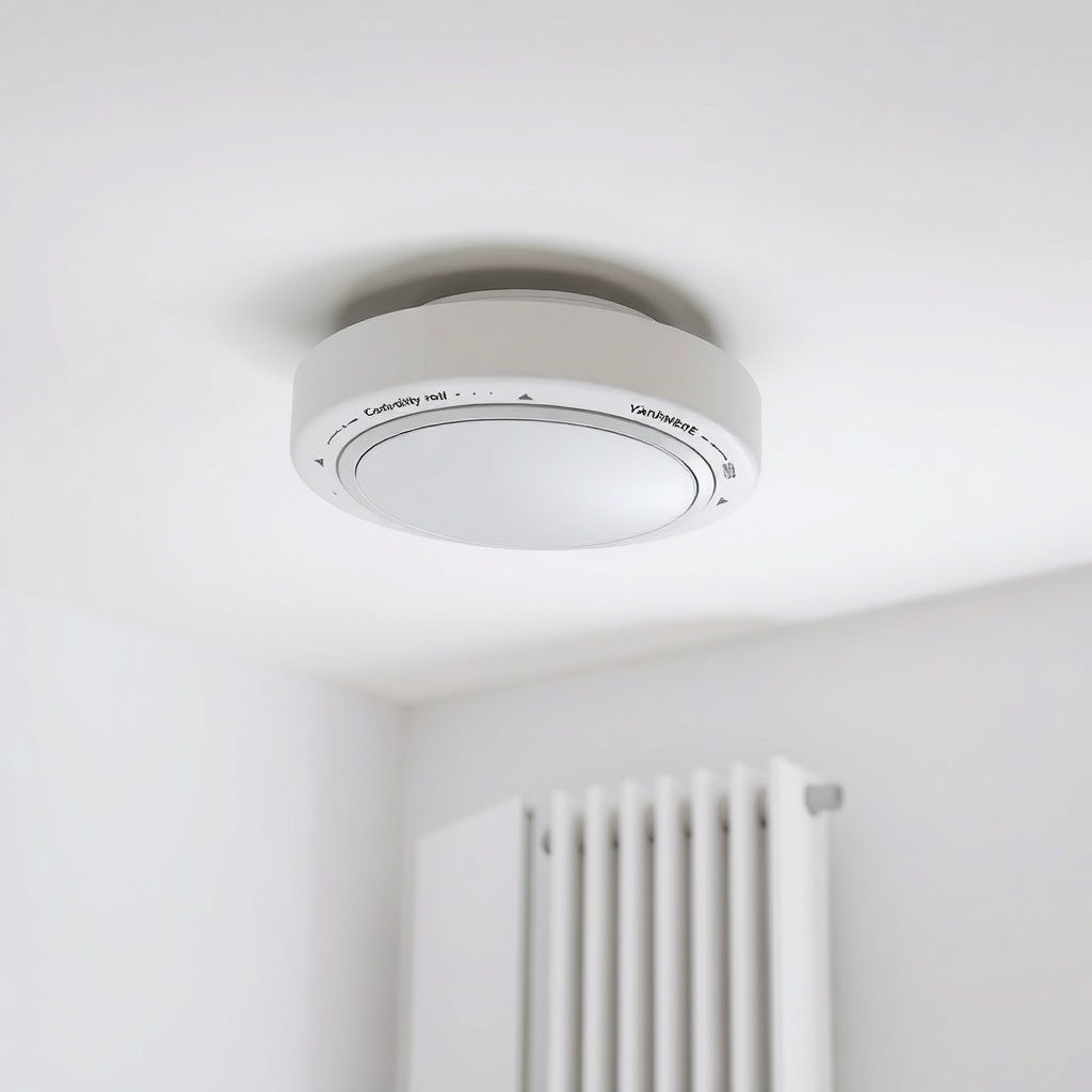 A photorealistic photo showing a YangınKontrol Akıllı Duman Dedektörü mounted on a ceiling