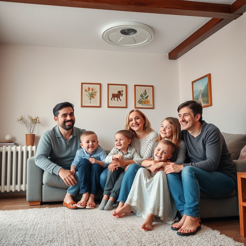 A photorealistic photo of a happy Turkish family in their living room