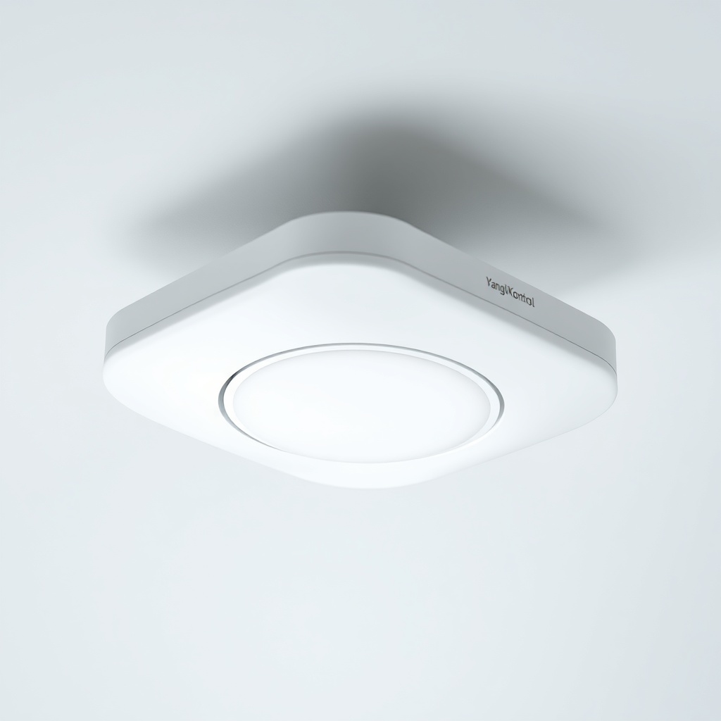 A photorealistic shot of a YangınKontrol Akıllı Duman Dedektörü on a white ceiling