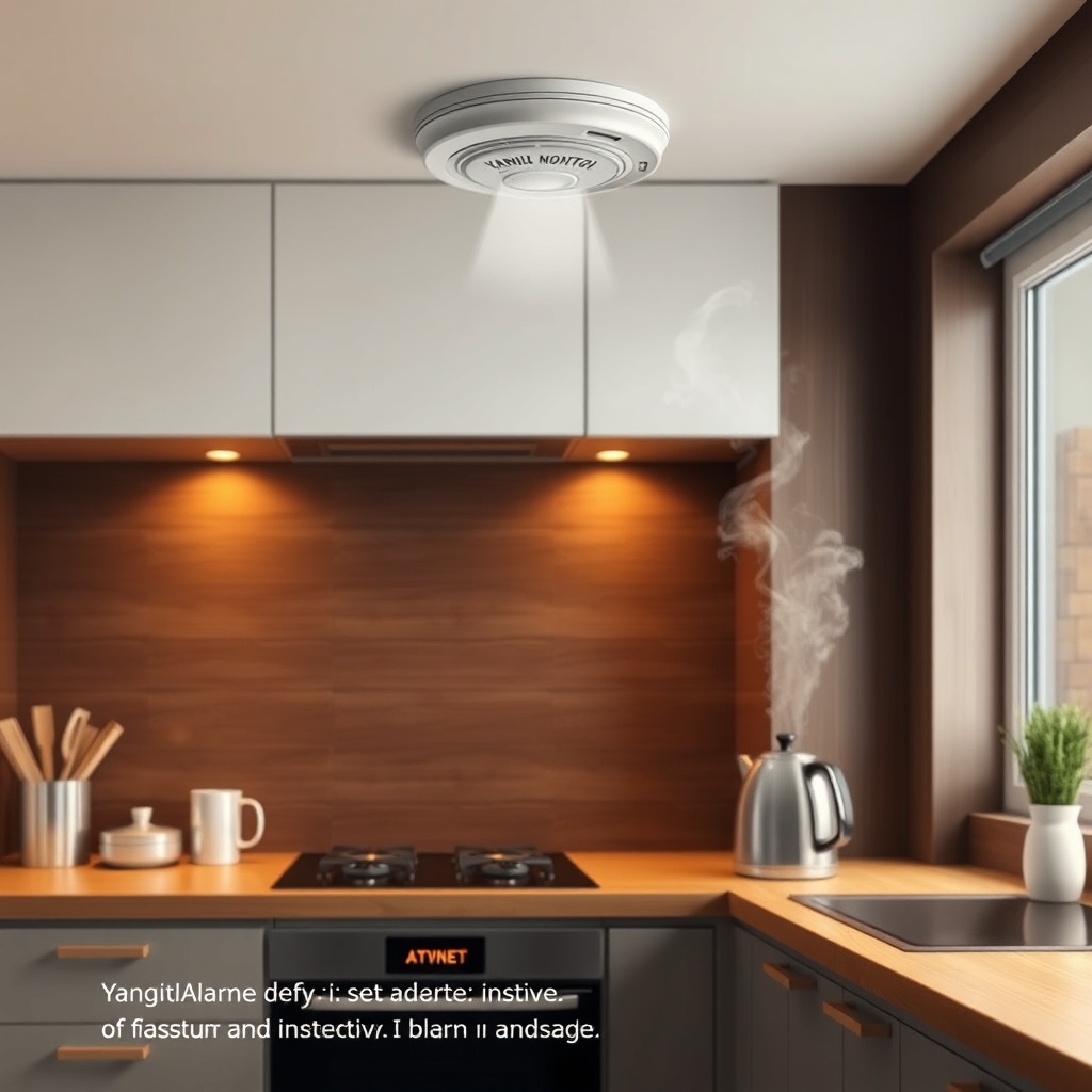 A photorealistic illustration showing a YangınKontrol Akıllı Duman Dedektörü installed in