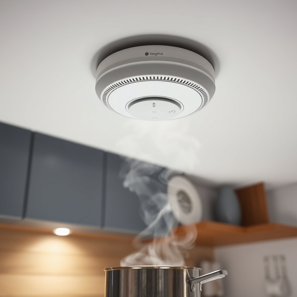 A clean photorealistic photo of a YangınKontrol smart smoke detector mounted on a ceiling