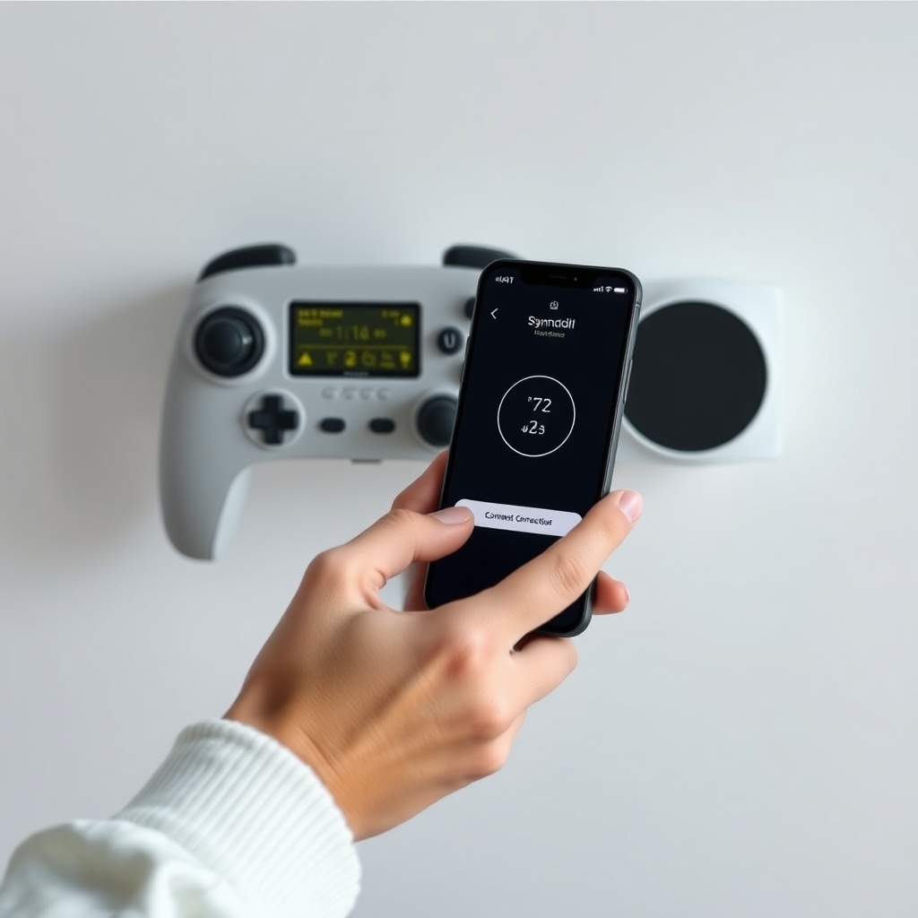 <clean photorealistic photo of a hand holding a smartphone near a YangınKontrol dedektör
