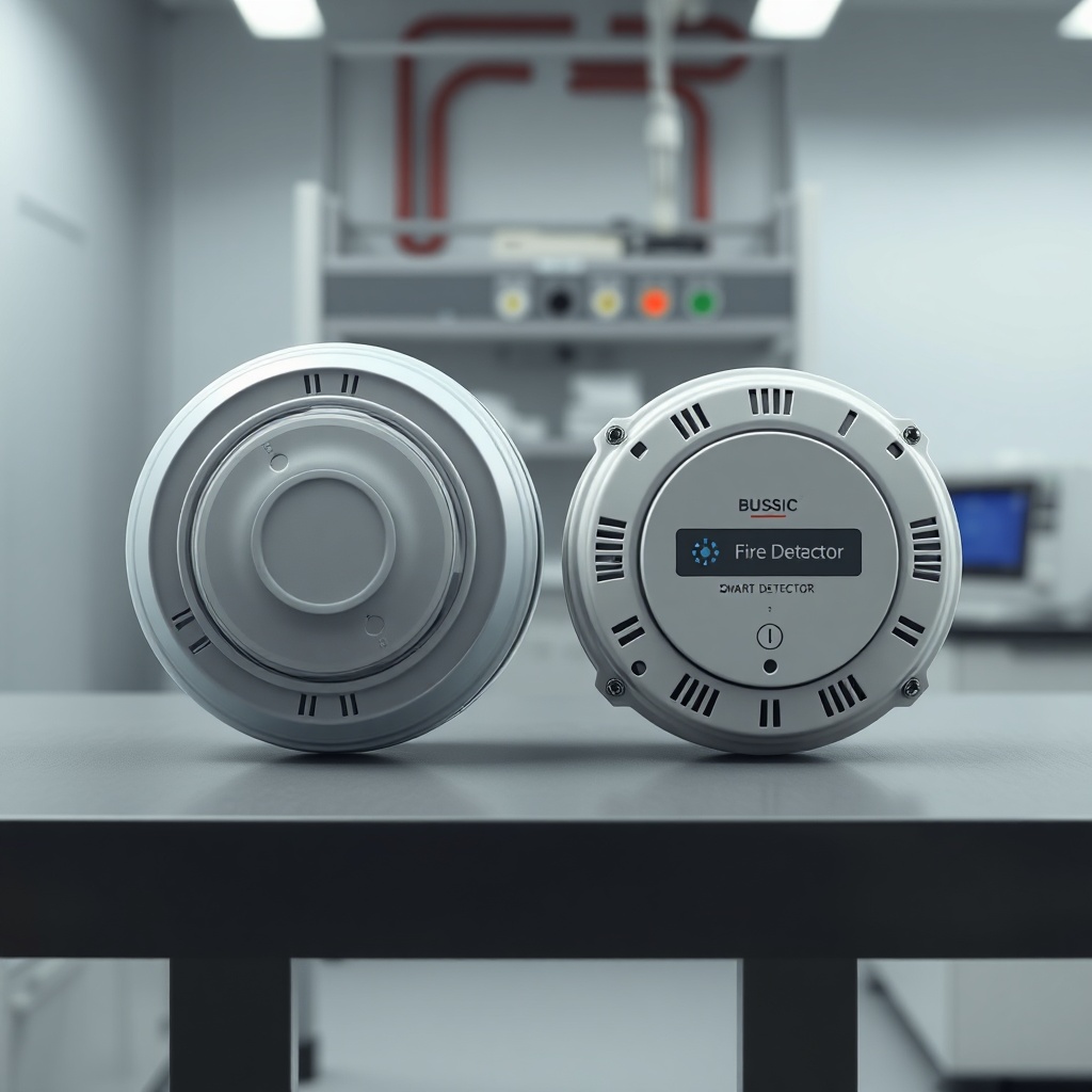 Professional side-by-side comparison of two fire detectors: one sleek modern smart detecto