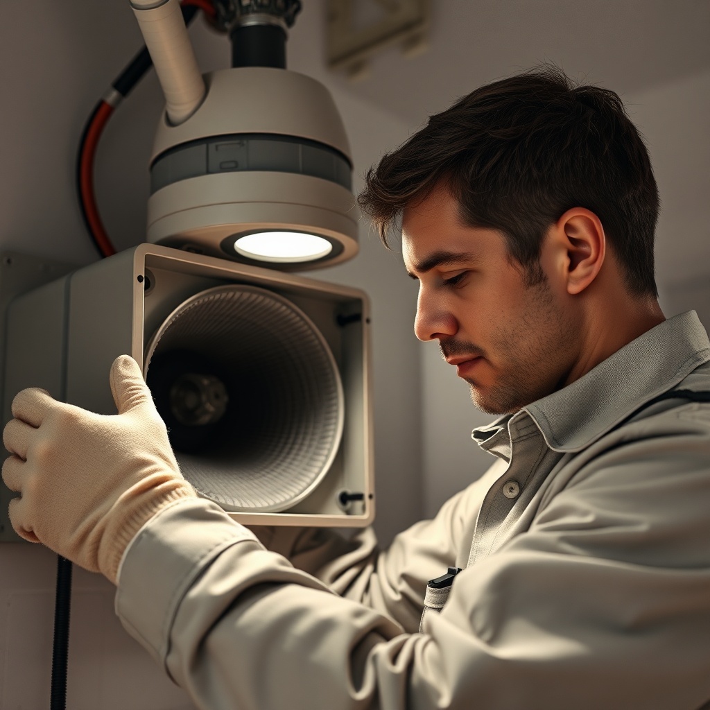 Photo of a maintenance technician replacing a dust filter on a smart detector with minimal